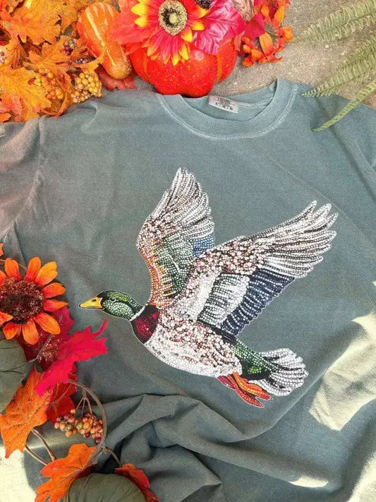 FAUX RHINESTONE MALLARD DUCK DTF TEE - BLUE SPRUCE