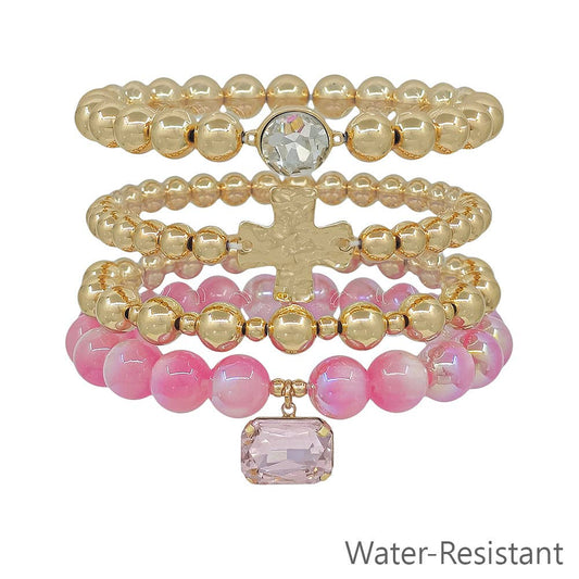Water Resistant Set of 4 Cross and Pink Crystal Beaded Stretch Bracelets