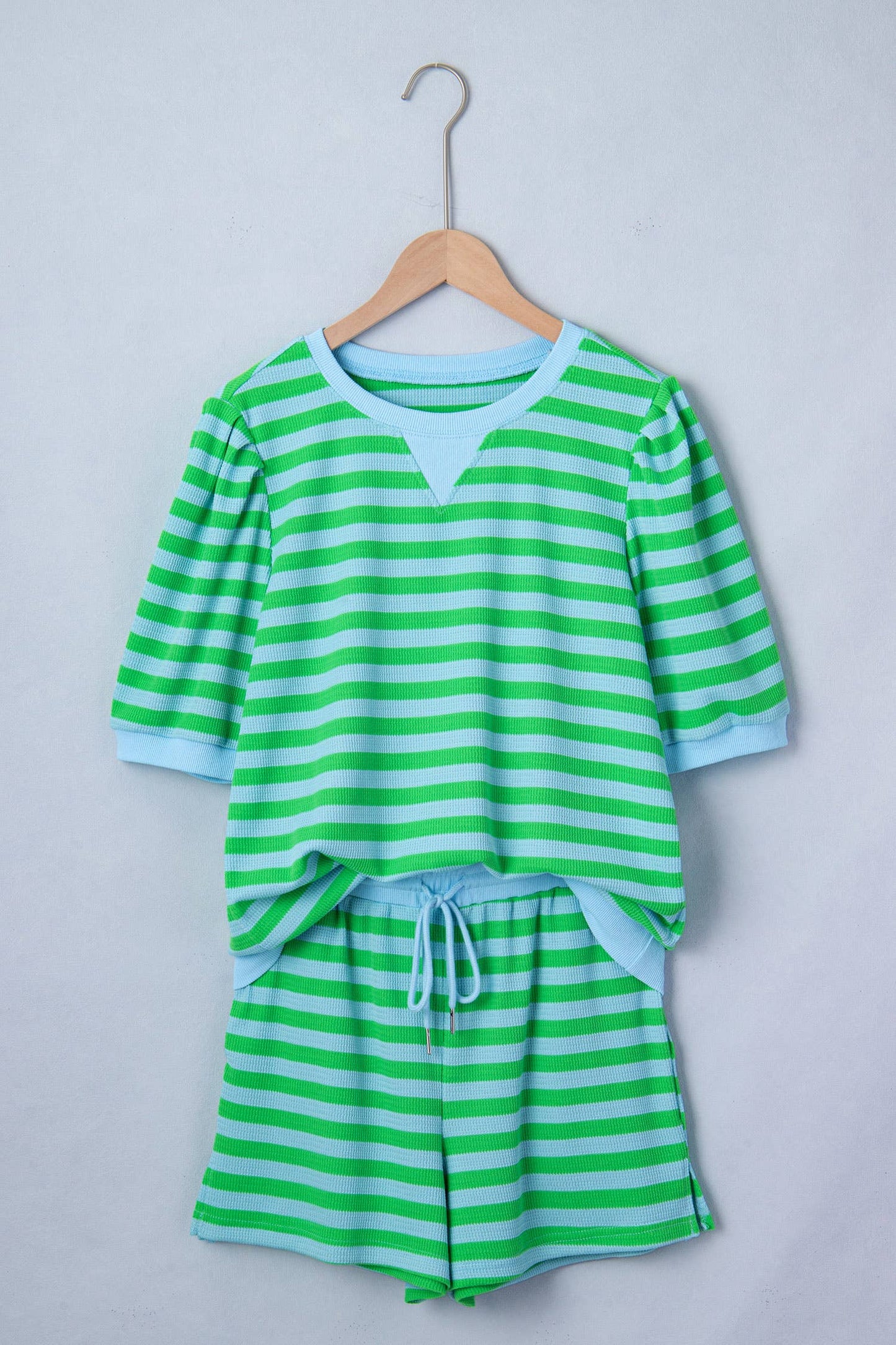 Stripe Spring Puff Sleeve Shirt Matching Shorts Set