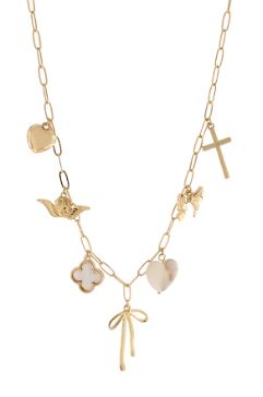 MOP HEART & CLOVER MULTI CHARM NECKLACE