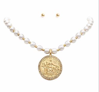 CRYSTAL TRIM COIN PENDANT PEARL NECKLACE SET