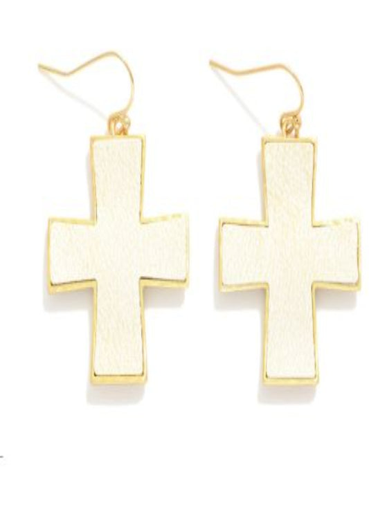 Metal Tone Cross Drop Earrings With Cracked Vegan Leather Detail: White