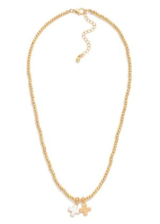 Metal Tone Beaded Necklace Featuring Enamel Plus Cross Pendants: White