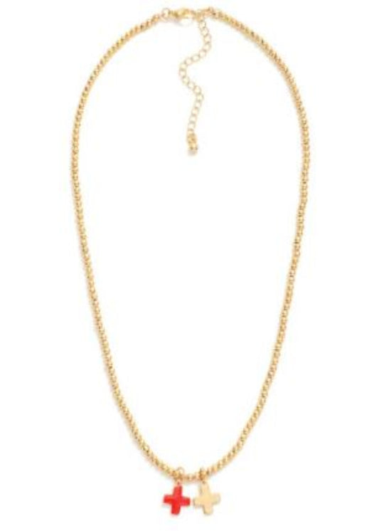 Metal Tone Beaded Necklace Featuring Enamel Plus Cross Pendants: Red