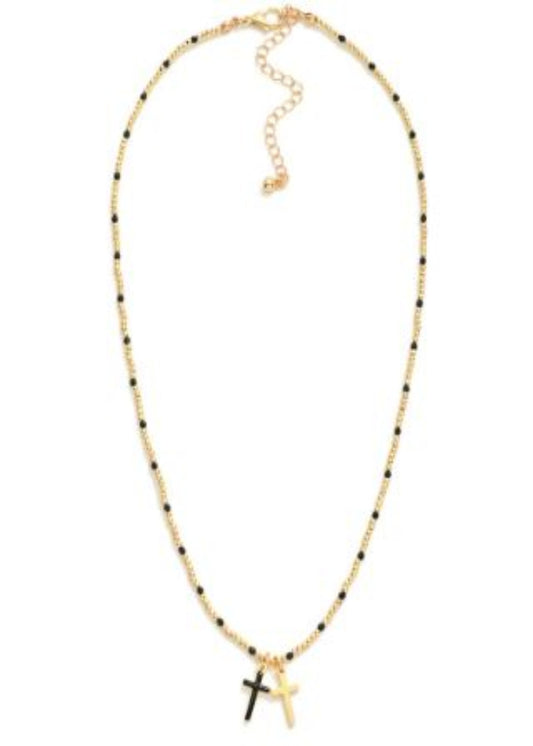 Metal Tone Beaded Necklace Featuring Faceted Bead Stations & Enamel Cross Pendants: Black
