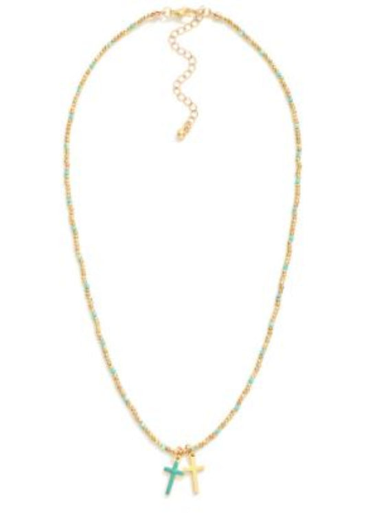 Metal Tone Beaded Necklace Featuring Faceted Bead Stations & Enamel Cross Pendants: Turquoise