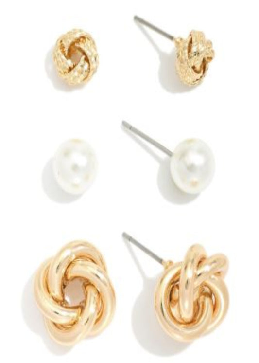 Set Of Three Stud Earrings Featuring Pearls & Knotted Metal
