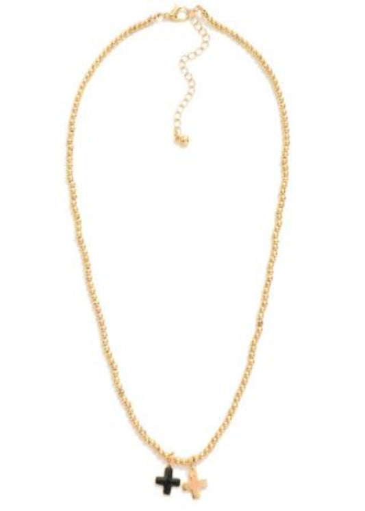 Metal Tone Beaded Necklace Featuring Enamel Plus Cross Pendants: Black