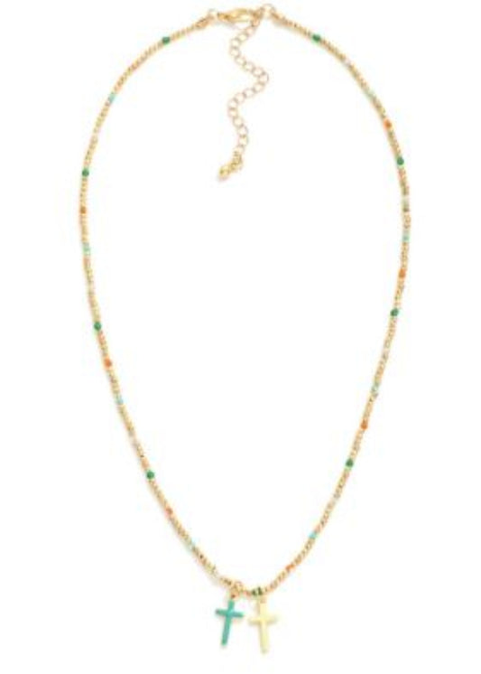 Metal Tone Beaded Necklace Featuring Faceted Bead Stations & Enamel Cross Pendants: Multi