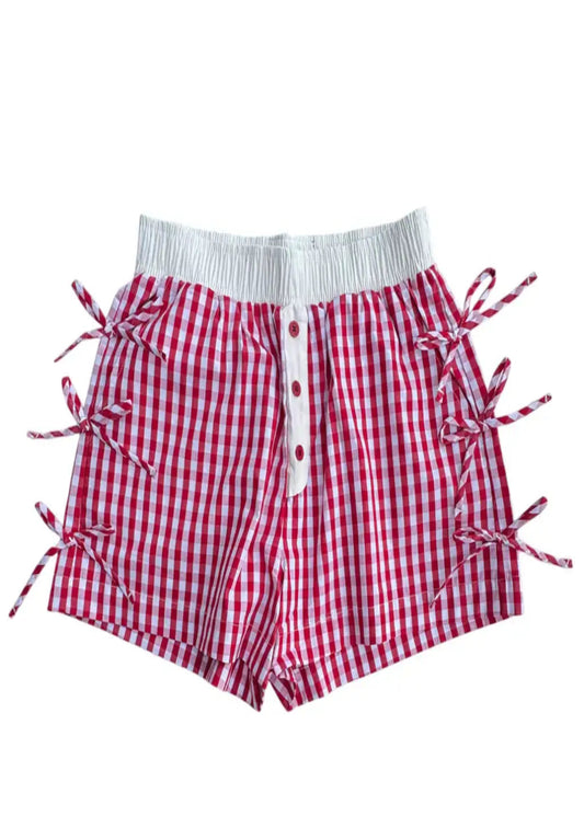 BUTTON BOW GINGHAM BOXER SHORTS - RED