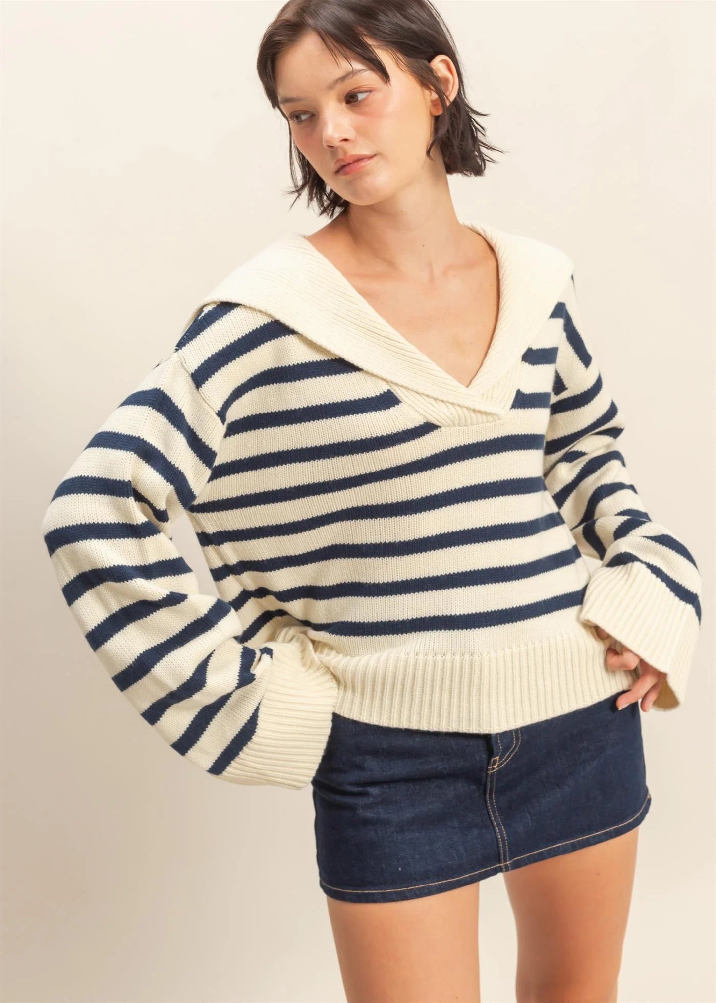 LORI STRIPED KNIT SWEATER - CREAM/DUSTY NAVY