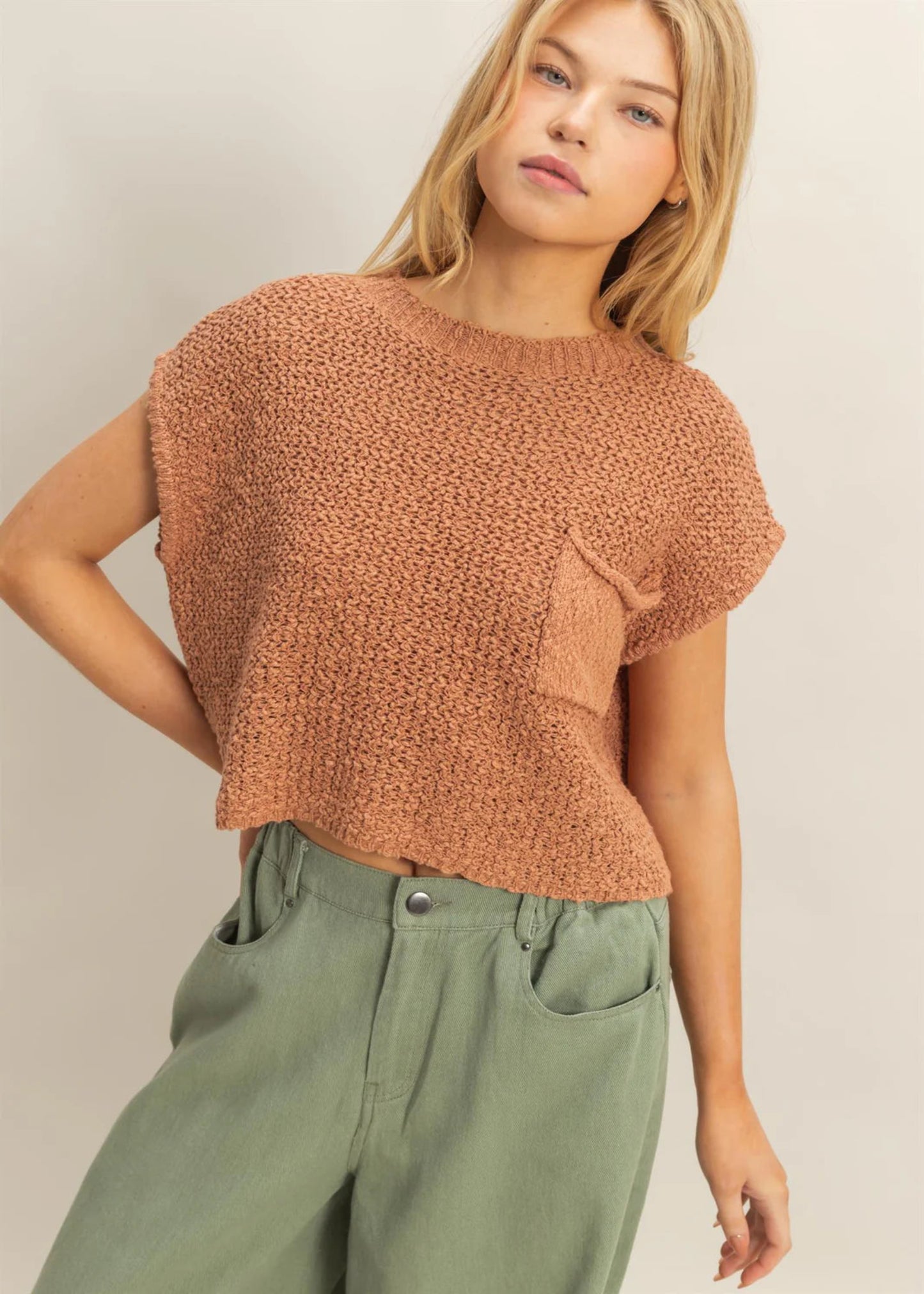 MACI POCKET DETAIL SWEATER TOP - L.BROWN