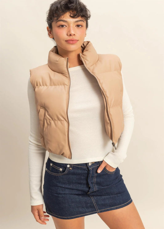 AVERY FAUX LEATHER CROPPED PUFFER VEST - DARK TAUPE