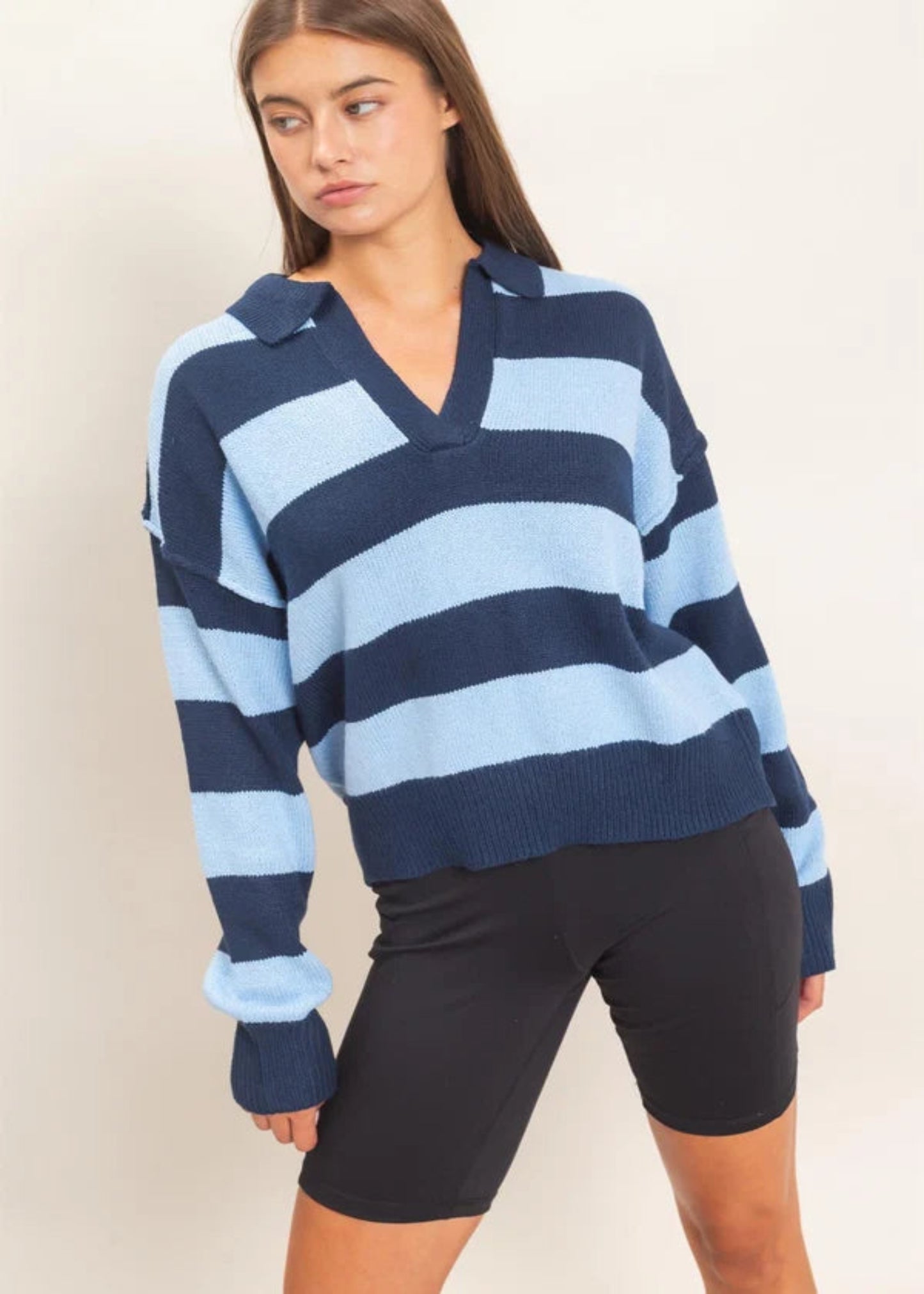 RUGBY STRIPED POLO SWEATER - NAVY