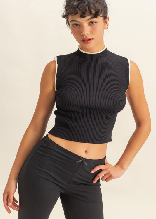 APRIL RIBBED KNIT TOP - BLACK/CREAM