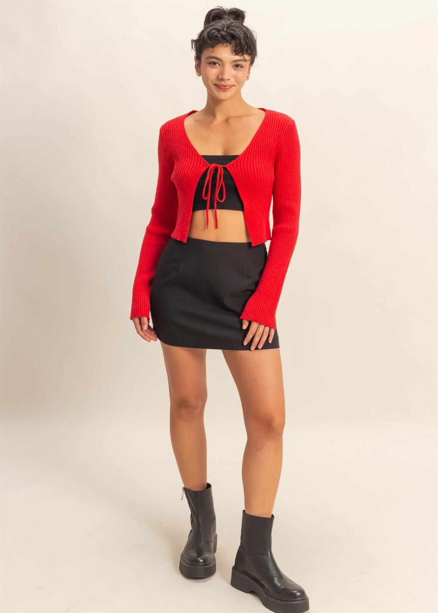 GRACIE V-NECK TIE RIBBED CARDIGAN - RED