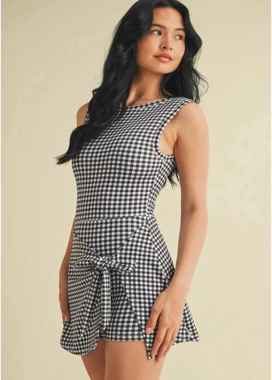 Gingham Print Sleeveless Wrap Tie Front Dress - BLACK