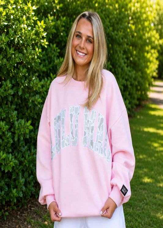 LULU MAC PINK SWEATSHIRT - WHITE CAMO LETTERS