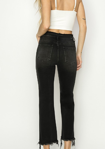 HIGH RISE CROP FLARE JEANS - BLACK