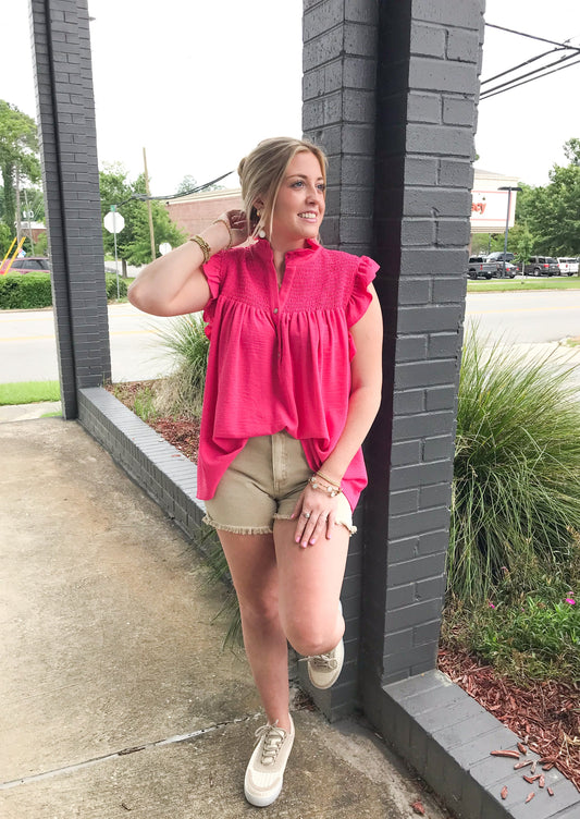 CAROLINE RUFFLED TOP-FUCHSIA