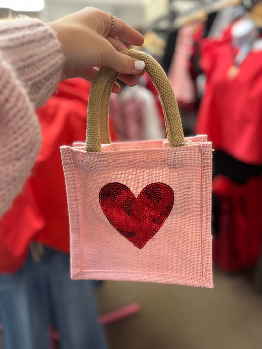 HEART SEQUIN PETITE GIFT BAG - PINK/RED