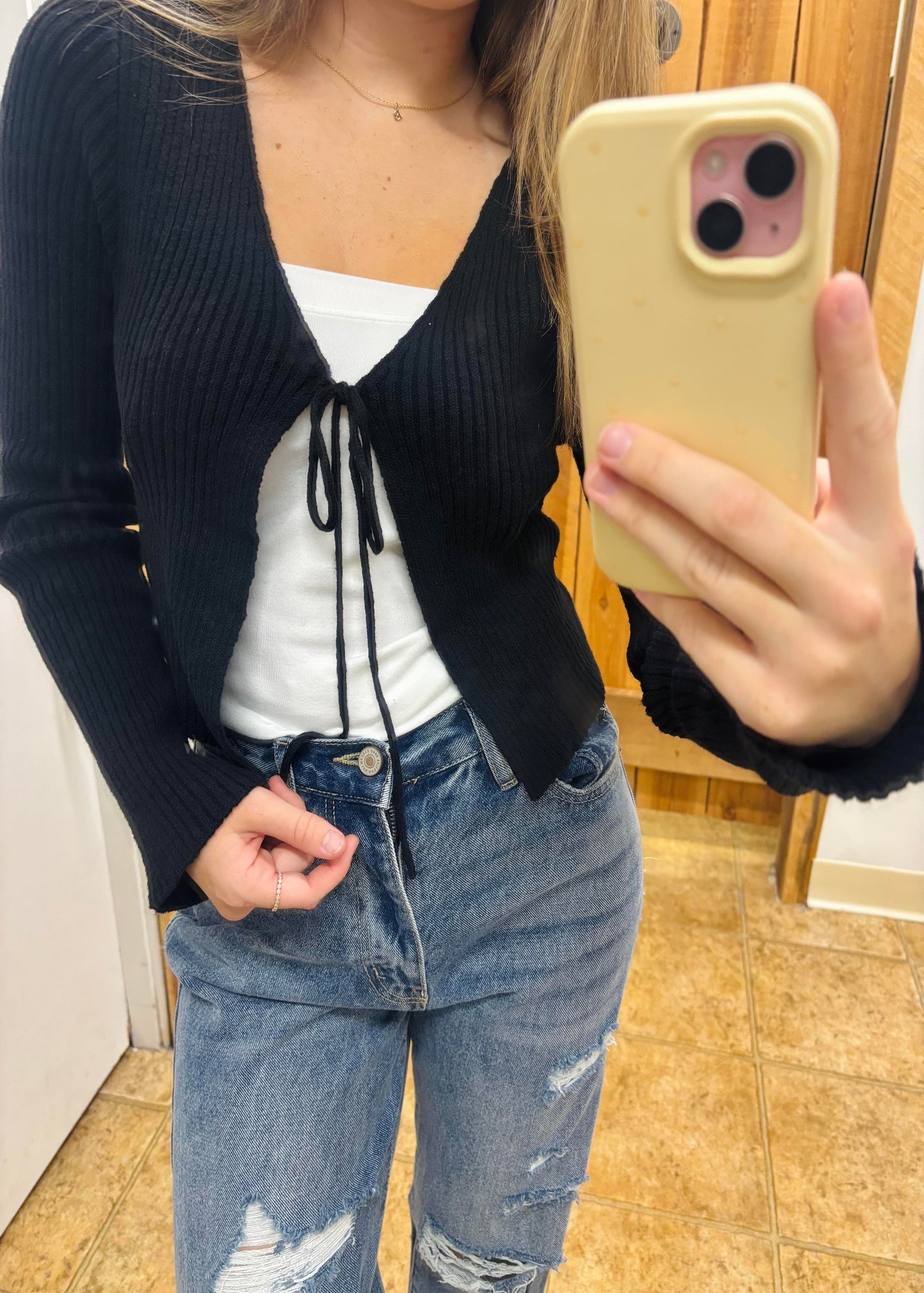 GRACIE V-NECK TIE RIBBED CARDIGAN - BLACK