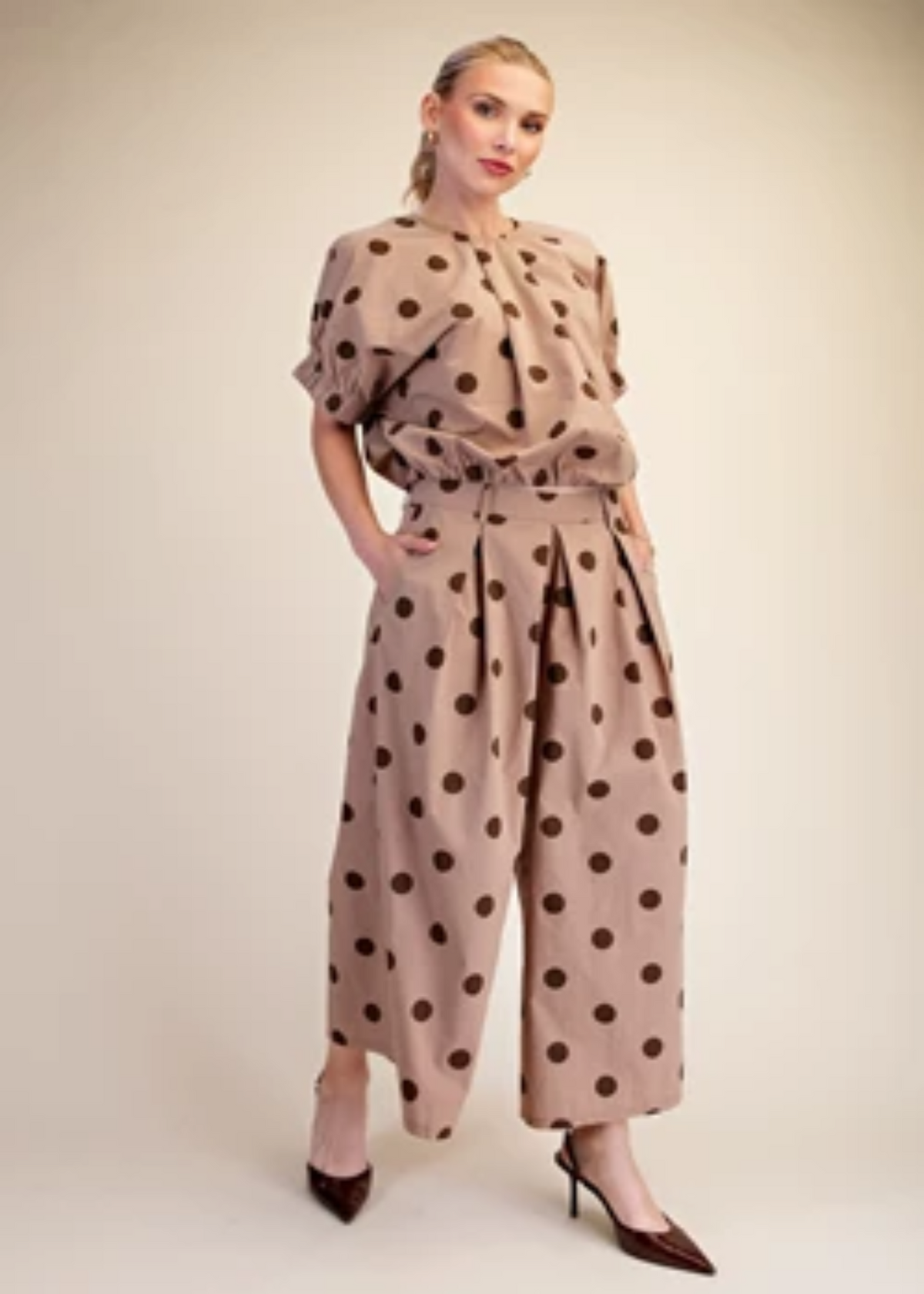 POLKA DOT HIGH WAIST WIDE LEG PANTS - MOCHA