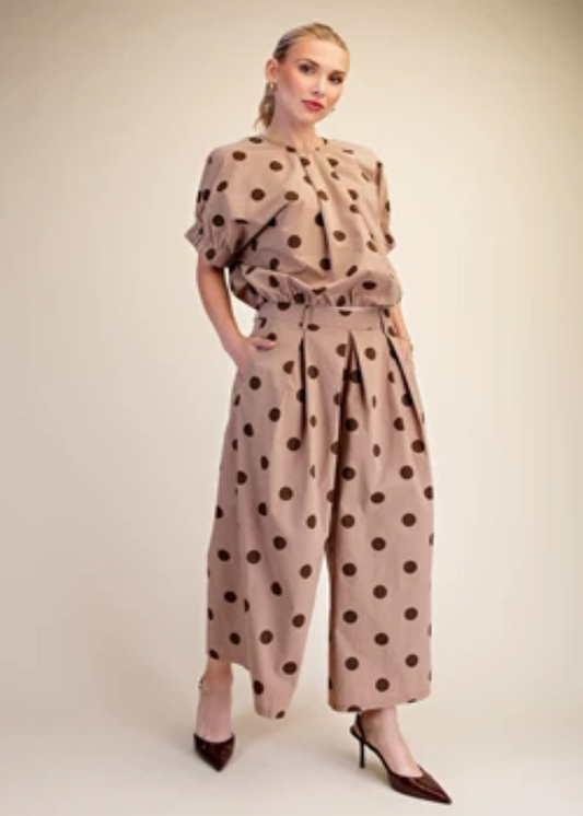 POLKA DOT HIGH WAIST WIDE LEG PANTS - MOCHA