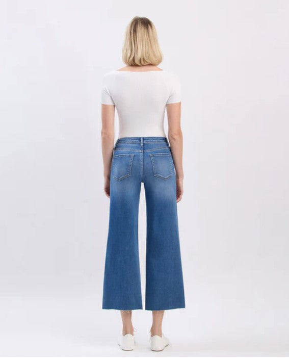 High Rise Raw Hem Crop Slim Wide Leg Jeans