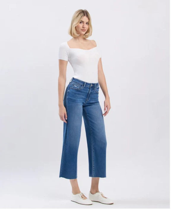 High Rise Raw Hem Crop Slim Wide Leg Jeans