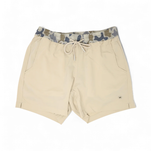 VOLLEY SHORTS - TAN WITH CAMO WAIST